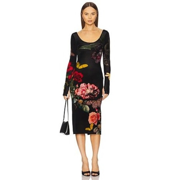 Alice + Olivia Delora Floral Butterfly Midi Dress Black Long Sleeve Scoop  Neck